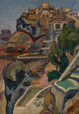 Santorini, Without Sea — Oil painting, Fiberboard, 35.00×50.00cm — Theodoros Markellos